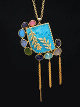 Leaf Vine and Turquoise Glass Stone Iron Brass Necklace