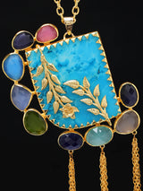 Leaf Vine and Turquoise Glass Stone Iron Brass Necklace
