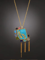 Leaf Vine and Turquoise Glass Stone Iron Brass Necklace