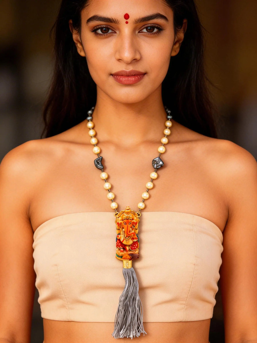 Chaturbhuja Ganesha Pearl and Hematite Long Necklace