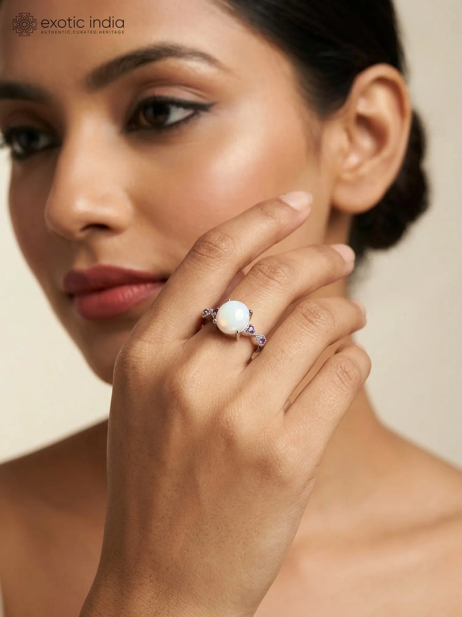 Oval White Opal and Amethyst Sterling Silver Ring