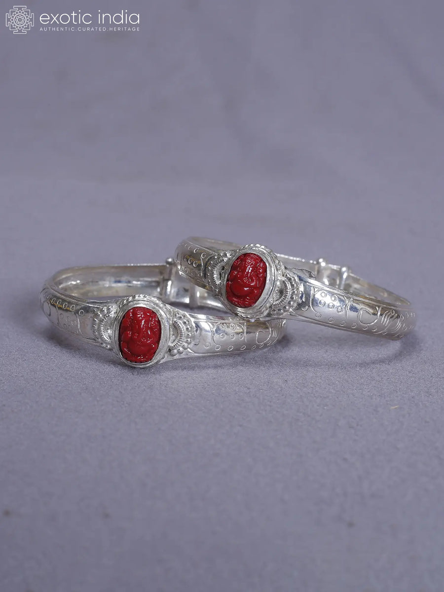Set of Two Silver Ganesha Carved Muga Bangles from Nepal