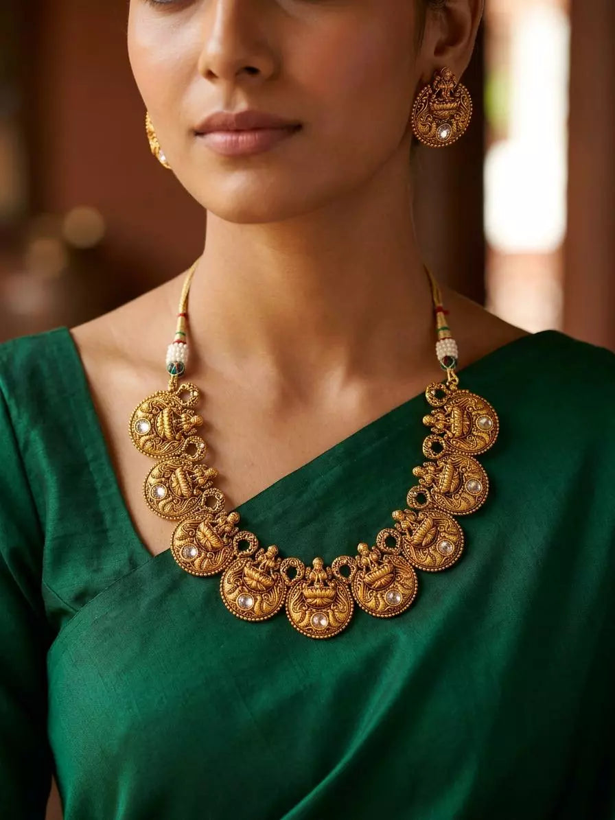 Goddess Lakshmi Brass Necklace and Earrings Set