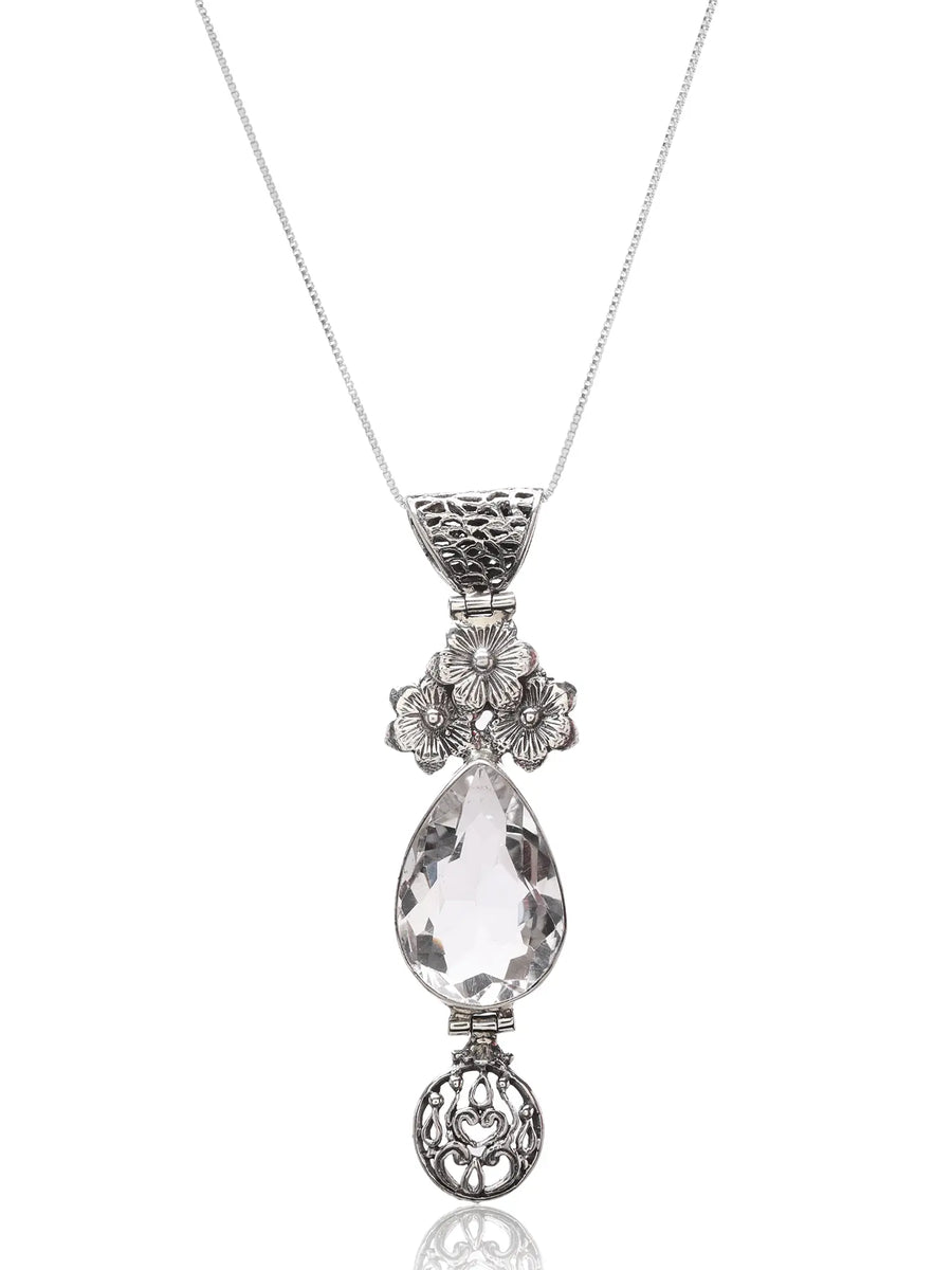 Floral Crystal Teardrop Sterling Silver Pendant