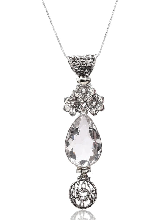 Floral Crystal Teardrop Sterling Silver Pendant
