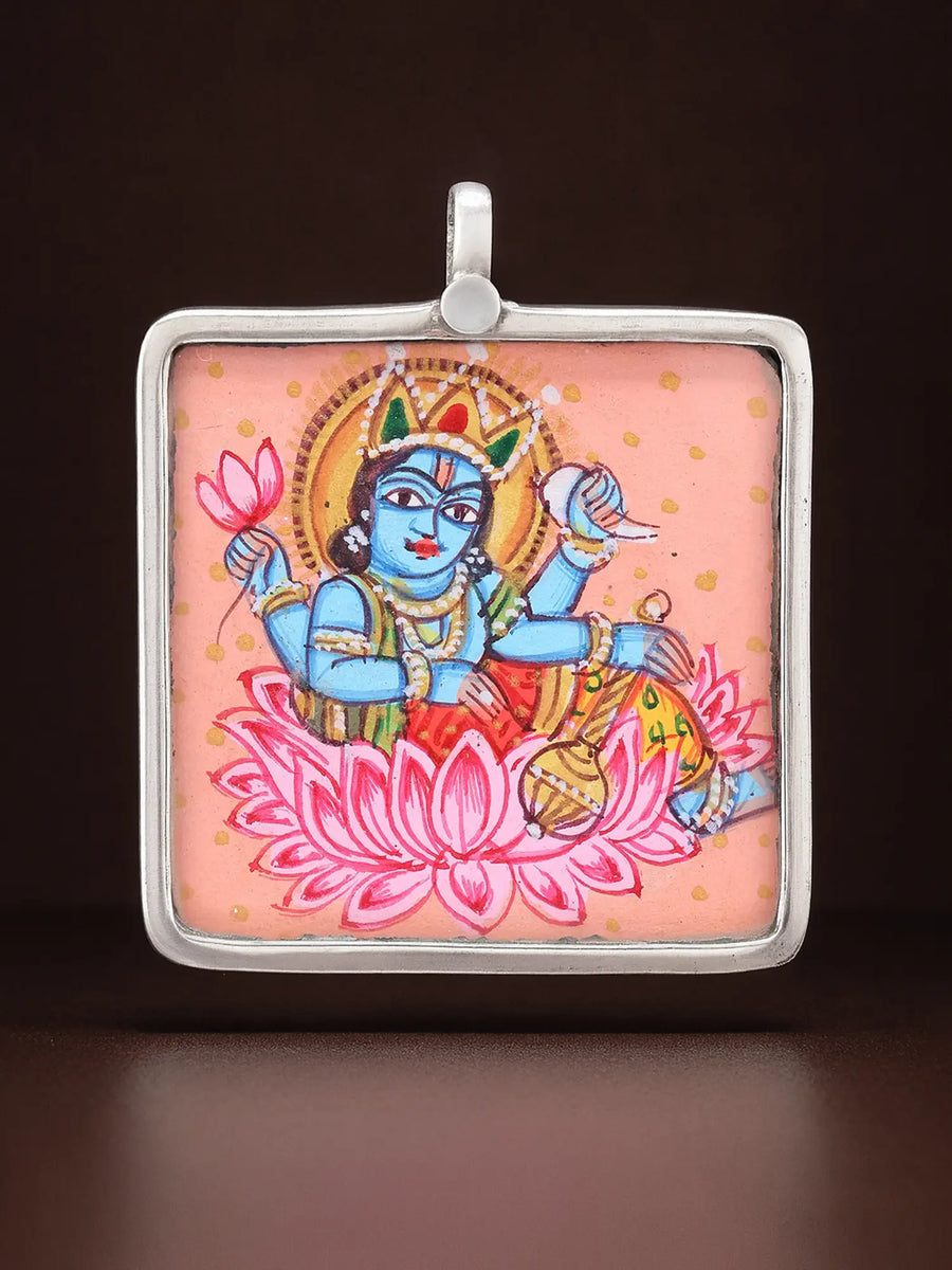 Hand-Painted Lord Vishnu Sterling Silver Pendant
