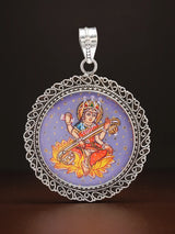 Hand-Painted Goddess Saraswati Sterling Silver Pendant