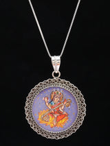 Hand-Painted Goddess Saraswati Sterling Silver Pendant