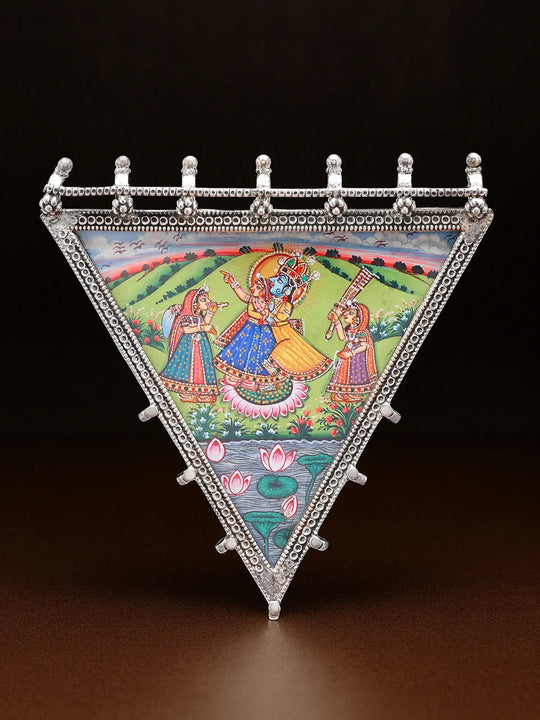 Hand-Painted Radha Krishna Triangle Sterling Silver Pendant