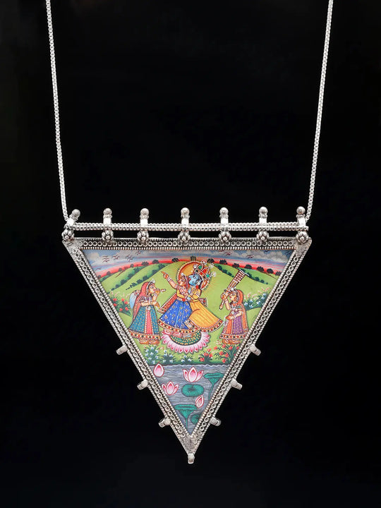 Hand-Painted Radha Krishna Triangle Sterling Silver Pendant
