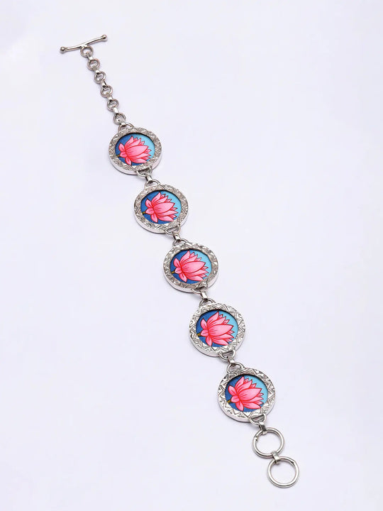 Hand-Painted Lotus Sterling Silver Bracelet