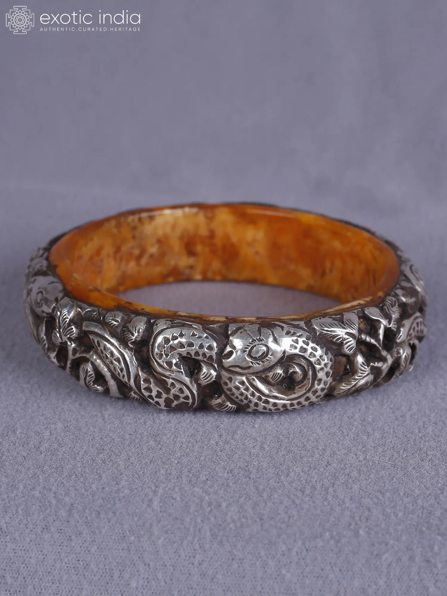 Amber and Silver Engraved Bangle