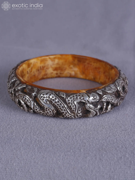 Amber and Silver Engraved Bangle