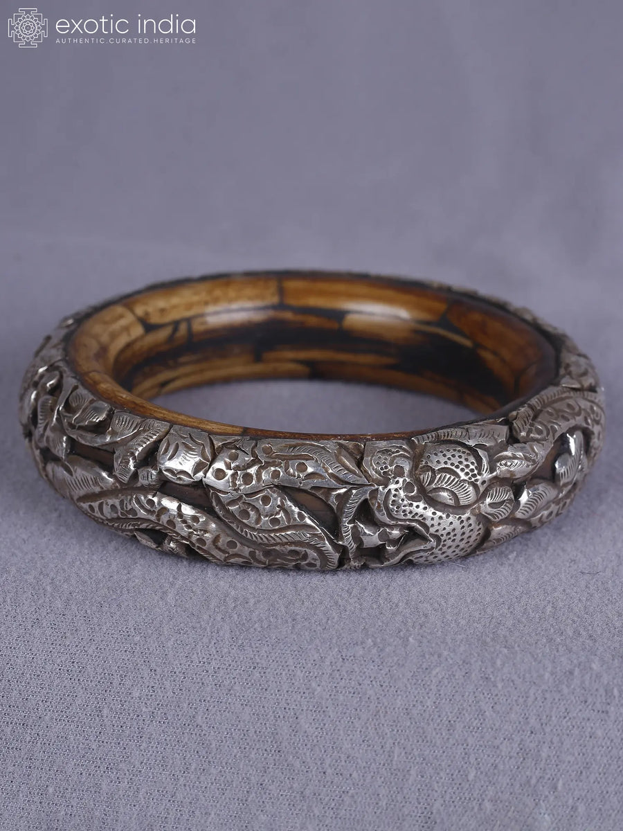 Engraved Amber and Silver Bangle from Nepal