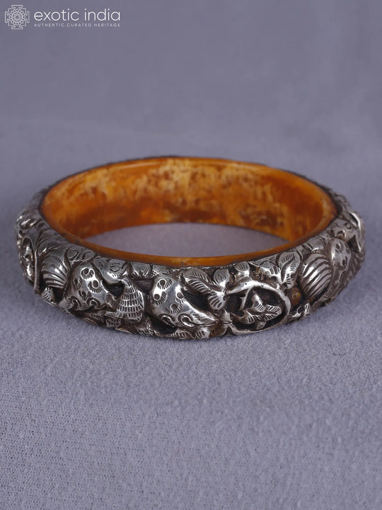 Engraved Amber and Silver Bangle from Nepal