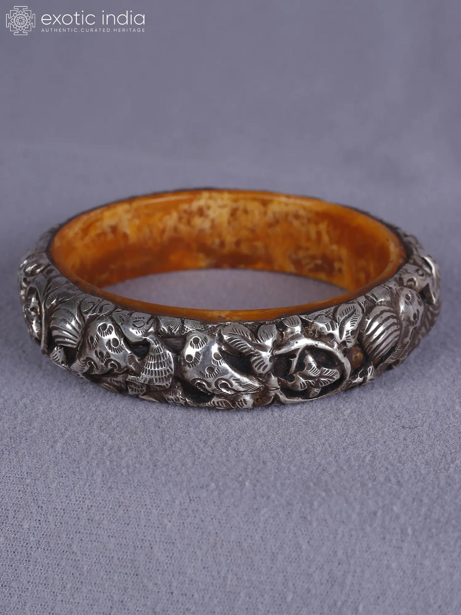 Engraved Amber and Silver Bangle from Nepal
