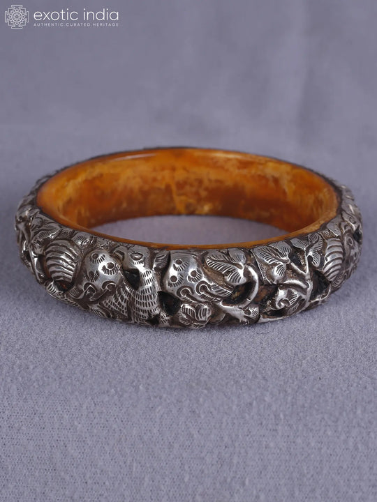 Engraved Amber and Silver Bangle from Nepal