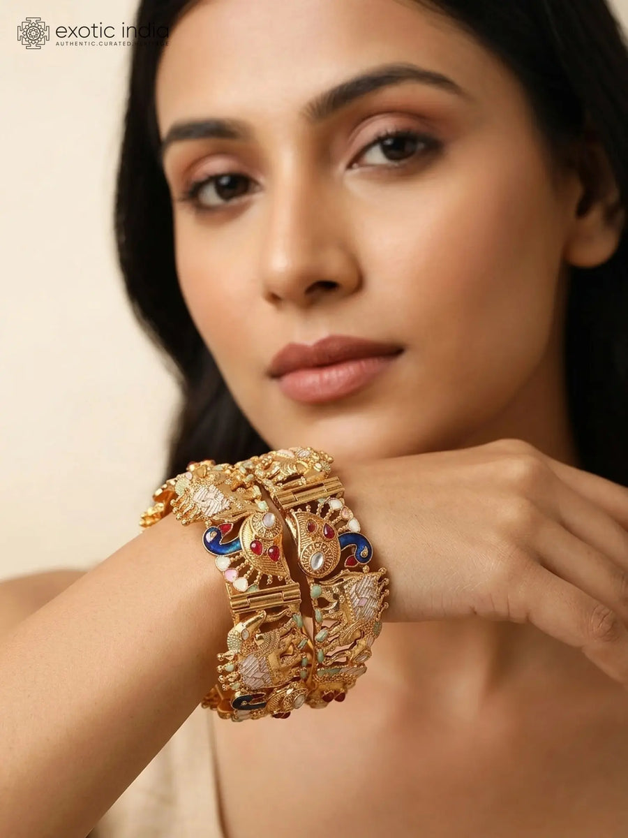 Elephant and Peacock Studded Stone Openable Brass Bangles