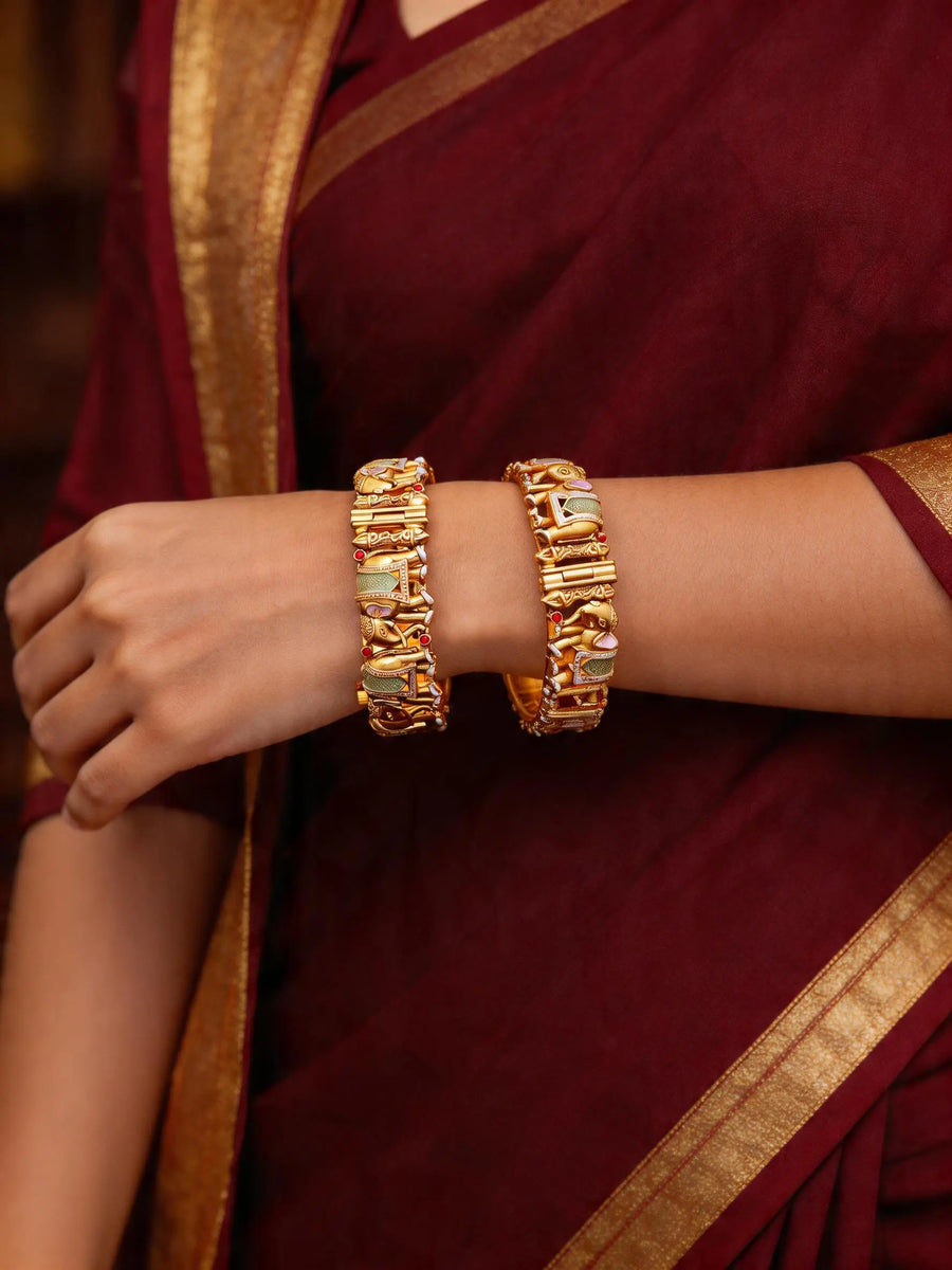 Rajwadi Elephant Motif Openable Brass Bangle Pair