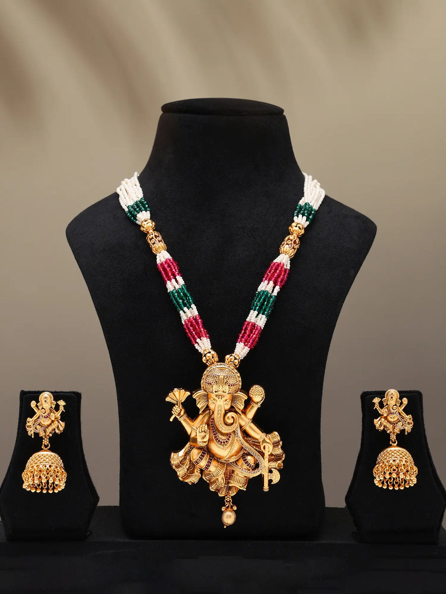 Ganesha Stone Studded Beaded Necklace Set with Earrings