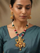 Ganesha Stone Studded Beaded Necklace Set with Earrings