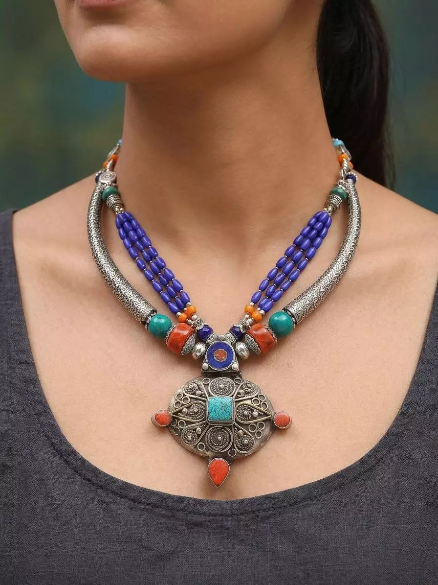Tibetan Style Stone Studded Beaded Brass Silver Polish Necklace