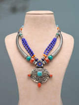 Tibetan Style Stone Studded Beaded Brass Silver Polish Necklace