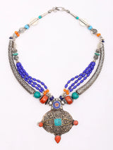 Tibetan Style Stone Studded Beaded Brass Silver Polish Necklace