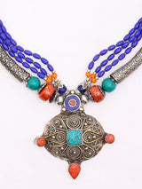 Tibetan Style Stone Studded Beaded Brass Silver Polish Necklace