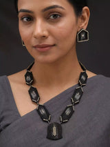 Handloom Sambalpuri Fabric and MDF Black Necklace Set with Earrings