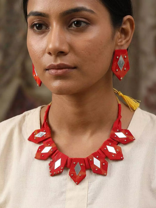Sambalpuri Fabric and Mirror Work Necklace and Earrings Set