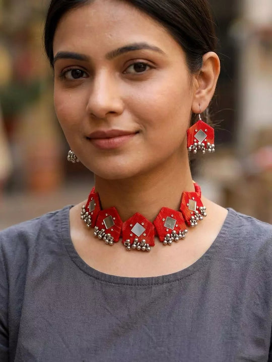 Sambalpuri Fabric and MDF Choker and Earrings Set