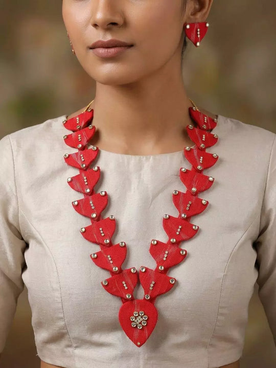 Sambalpuri Fabric and MDF Long Necklace and Earrings Set