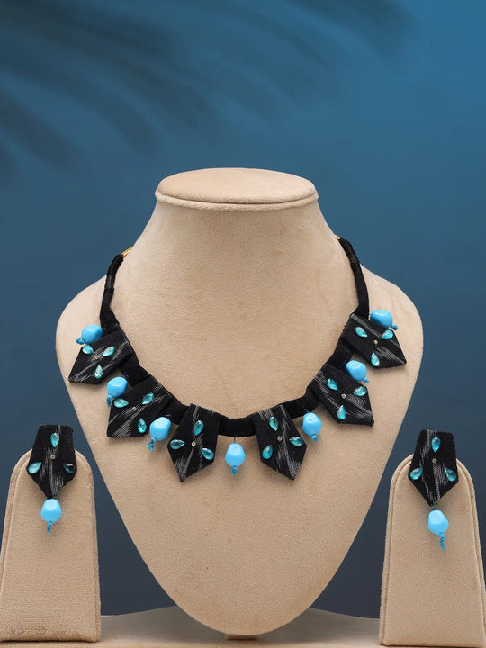 Sambalpuri Fabric and Tumbled Stone Necklace and Earrings Set