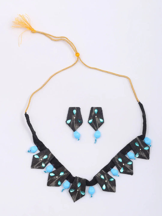 Sambalpuri Fabric and Tumbled Stone Necklace and Earrings Set