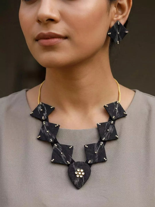 Sambalpuri Fabric and Stone Studded Necklace Set with Earrings