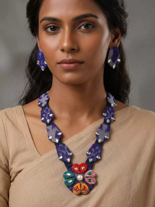 Handwoven Sambalpuri Fabric and MDF Floral Necklace and Earrings Set