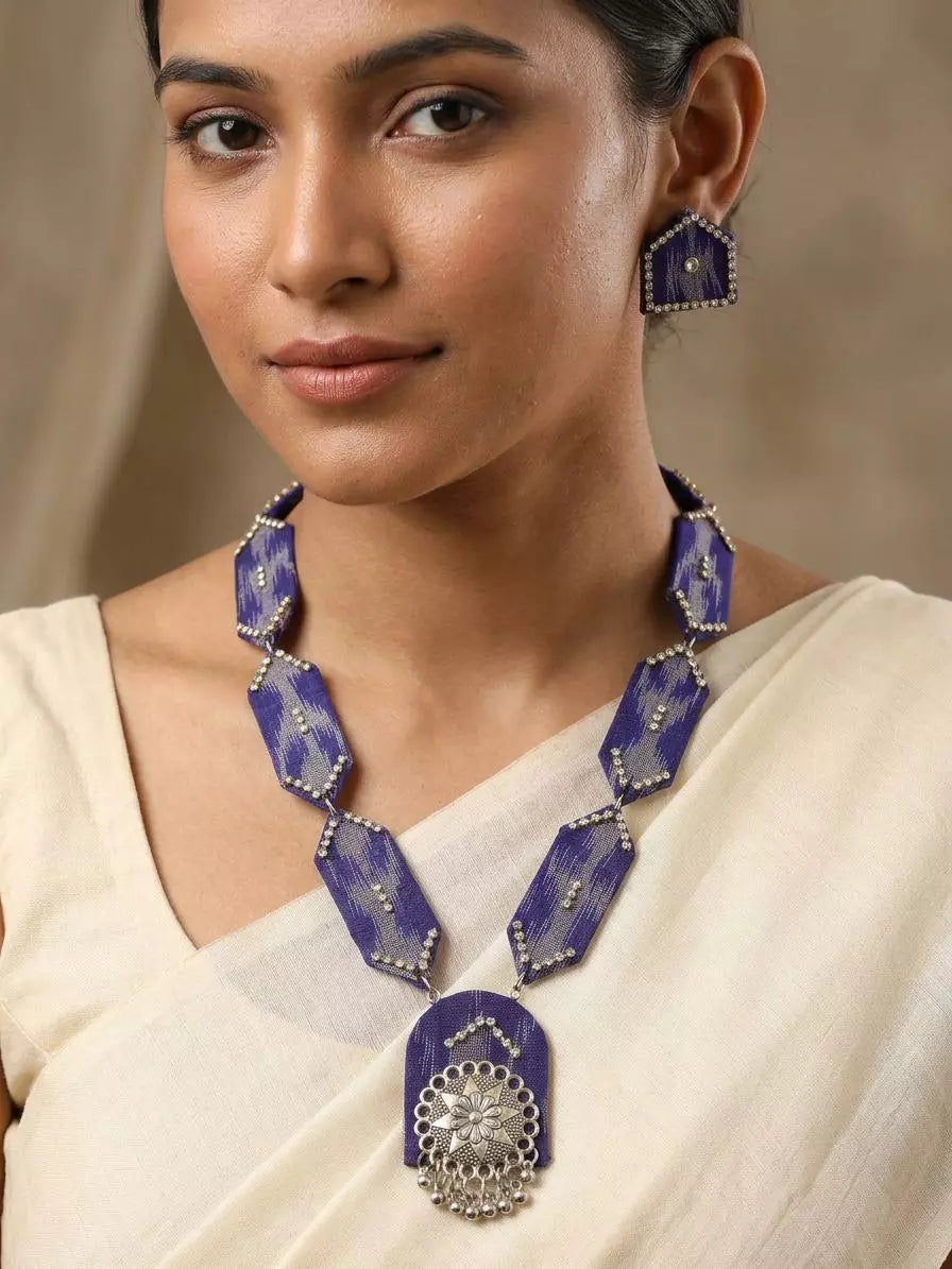 Sambalpuri Fabric and Stone Studded Necklace and Earrings Set