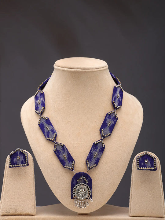 Sambalpuri Fabric and Stone Studded Necklace and Earrings Set
