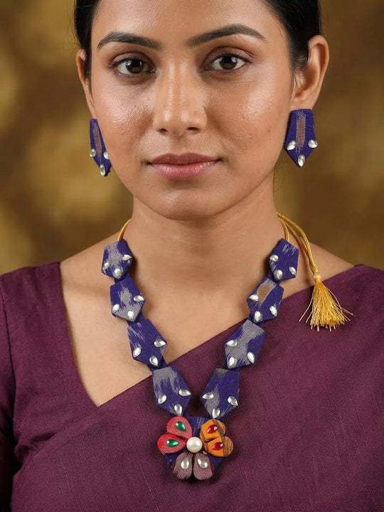 Sambalpuri Fabric Floral Stone Necklace and Earrings Set
