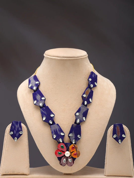 Sambalpuri Fabric Floral Stone Necklace and Earrings Set