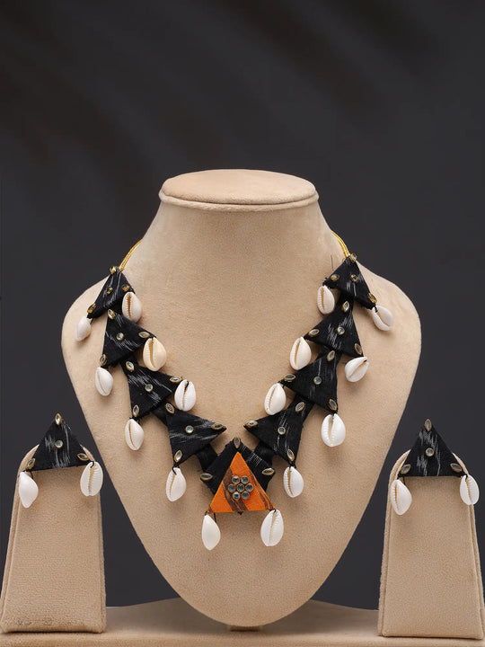 Sambalpuri Fabric and Shell Necklace and Earrings Set