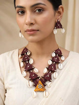 Sambalpuri Fabric and Shell Necklace and Earrings Set