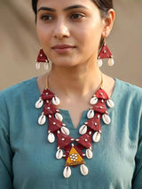 Sambalpuri Fabric and Shell Necklace and Earrings Set