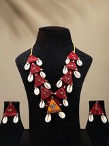 Sambalpuri Fabric and Shell Necklace and Earrings Set