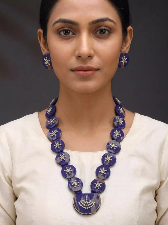 Blue Sambalpuri Fabric and Stone Long Necklace and Earrings Set