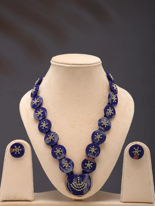 Blue Sambalpuri Fabric and Stone Long Necklace and Earrings Set