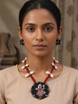 Sambalpuri Fabric and Shell Long Necklace and Earrings Set