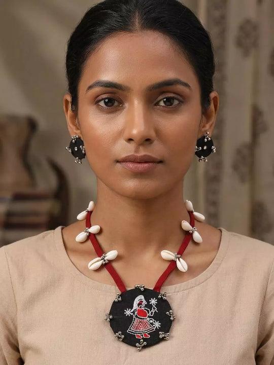Sambalpuri Fabric and Shell Long Necklace and Earrings Set
