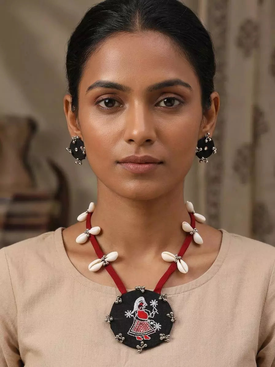 Sambalpuri Fabric and Shell Long Necklace and Earrings Set